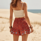 Scarlet Blossom Boho Floral Drawstring Shorts