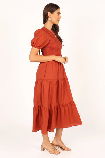 Naura Shirred Tiered Midi Dress Rust