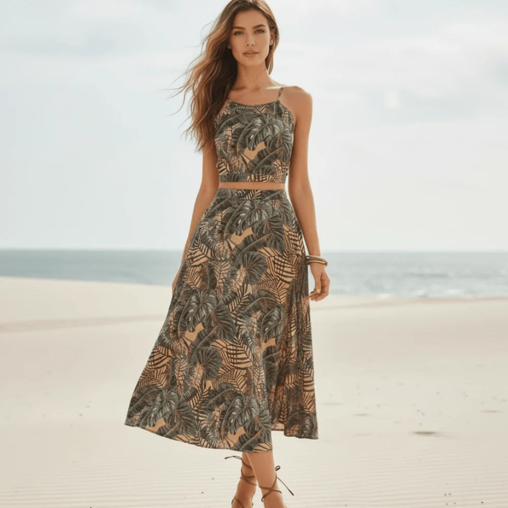 Tropical Floral Crop Top Midi Skirt Set