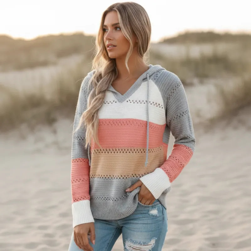 Boho Striped Hooded Knit Pullover Sweater