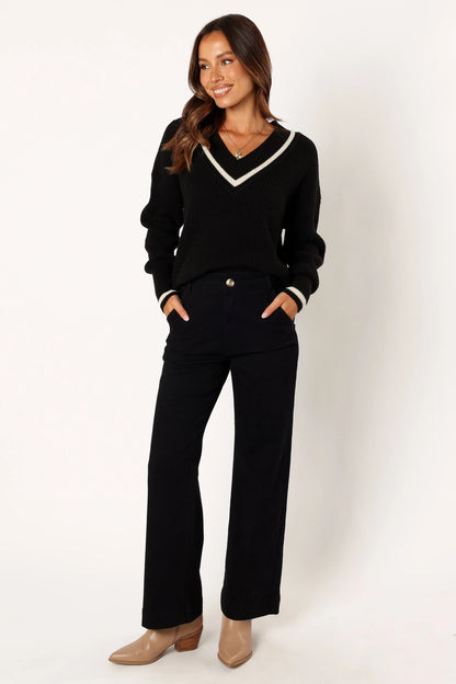 Dominique Contrast Vneck Knit Sweater Black Cream