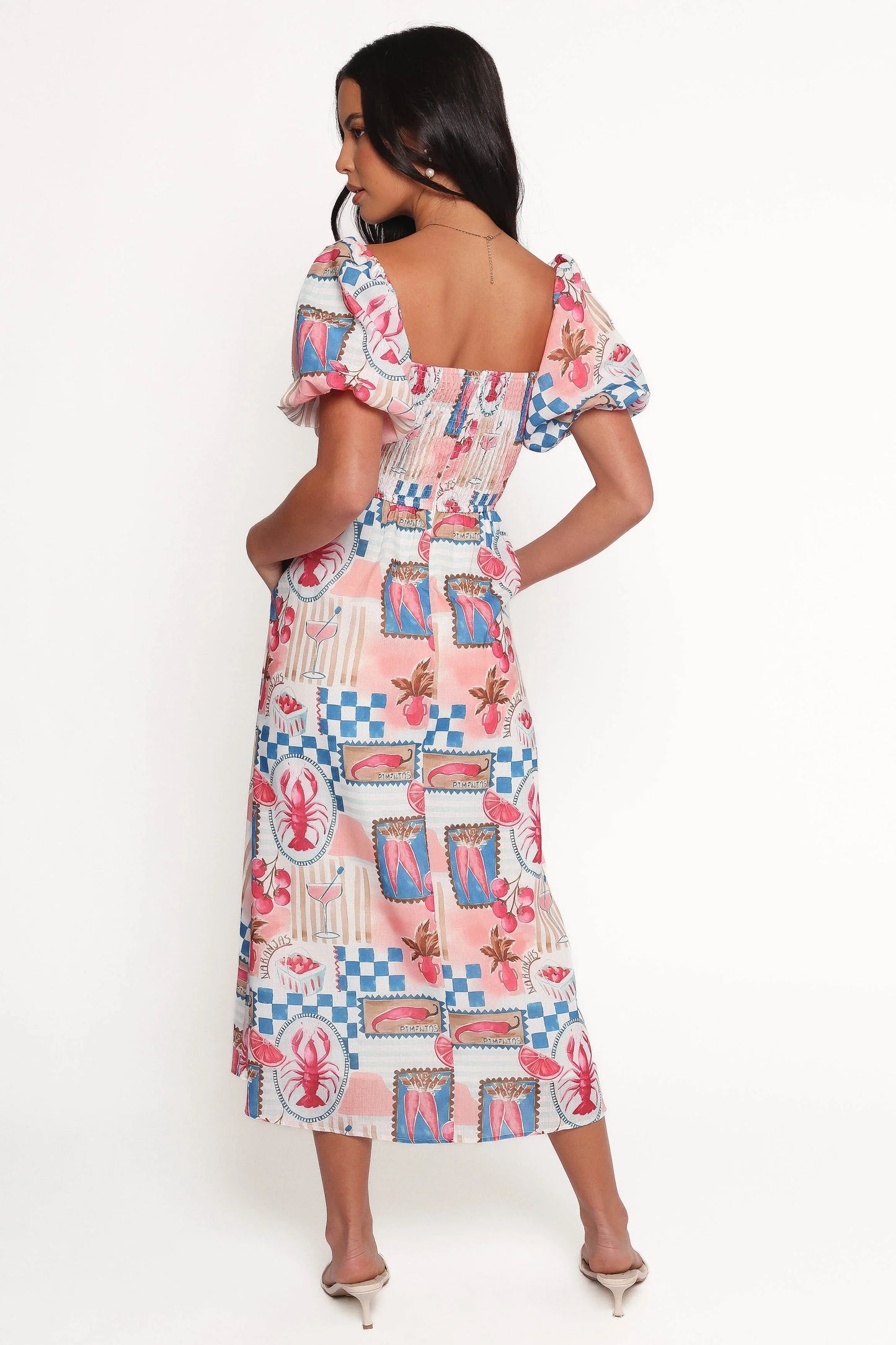 Clo Puff Sleeve Midi Dress Pink Blue