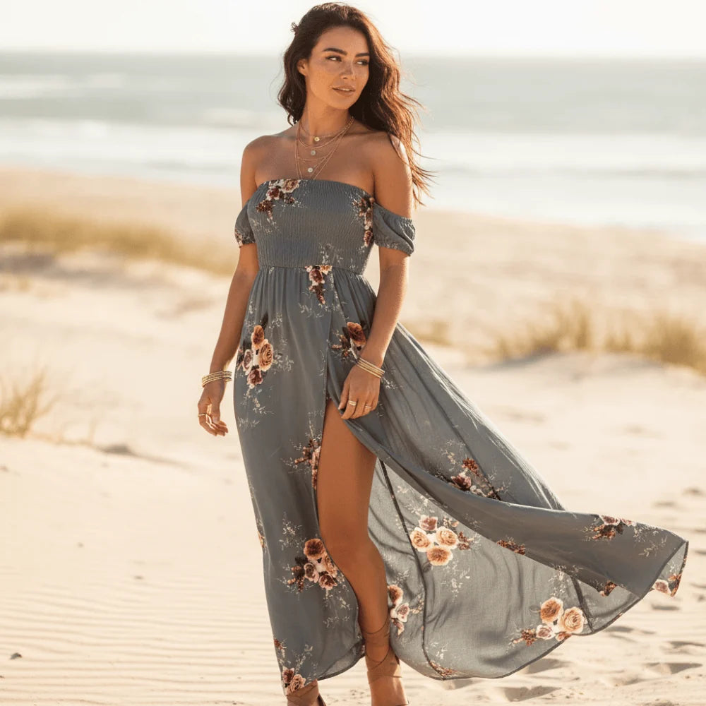 Off Shoulder Floral Maxi Dress with Side Slit