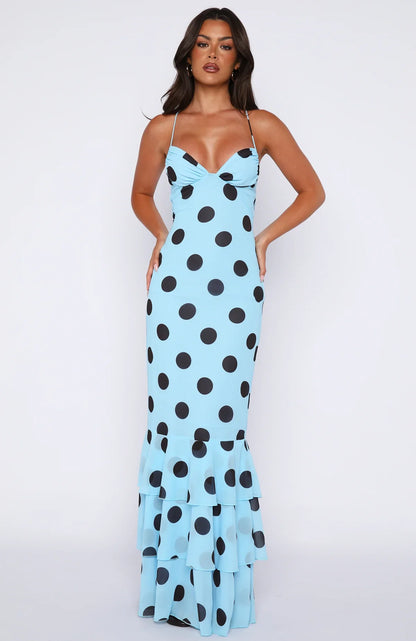 Power Ballad Maxi Dress Baby Blue Choc Polka Dot