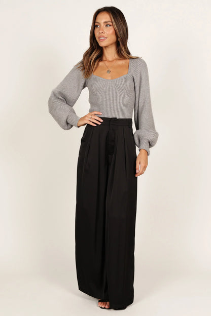 Gia Sweetheart Neck Bell Sleeve Knit Sweater Light Grey