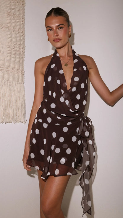Lily Halter Mini Dress Chocolate Spot