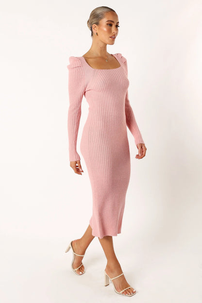 Camryn Puff Sleeve Knit Sweater Midi Dress Blush
