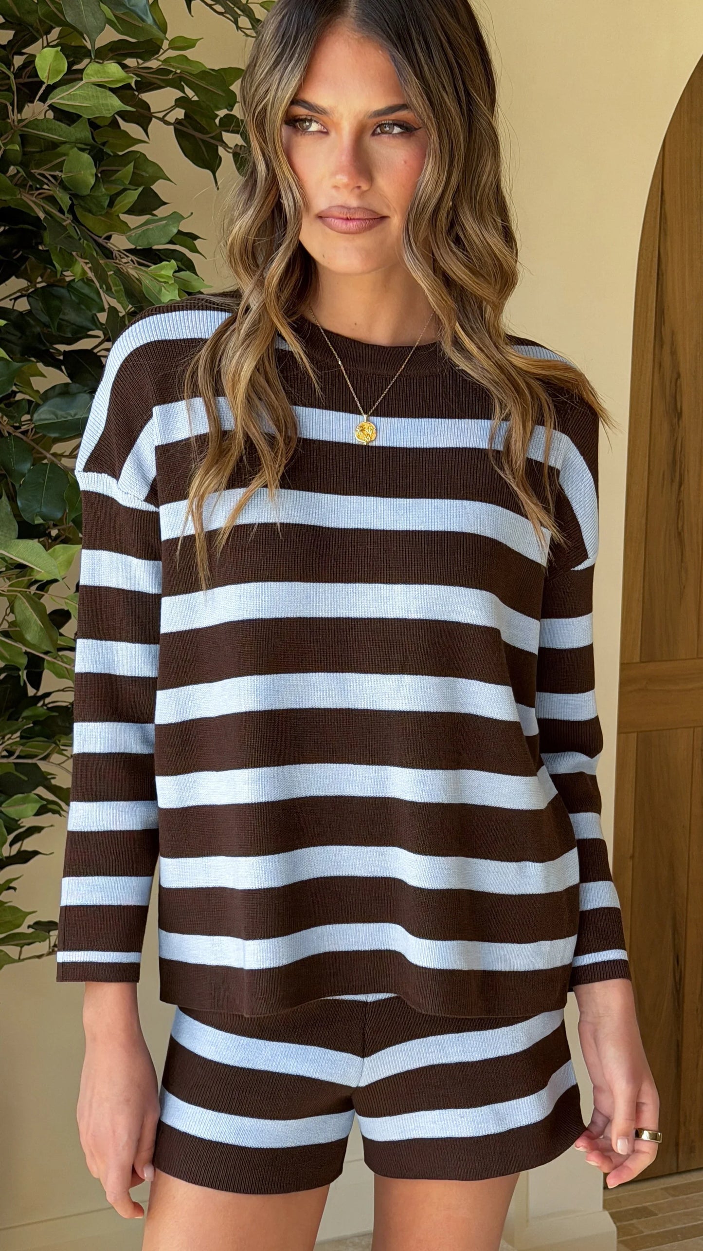 Jaeden Long Sleeve Top Shorts Set Blue Chocolate Stripe