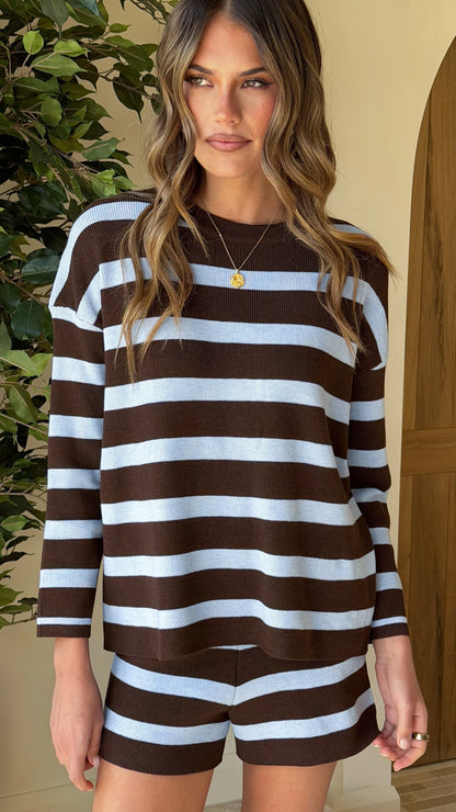 Jaeden Long Sleeve Top Shorts Set Blue Chocolate Stripe