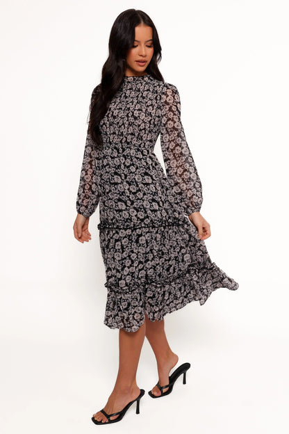Edwina Shirred Frill Long Sleeve Midi Dress Black Floral