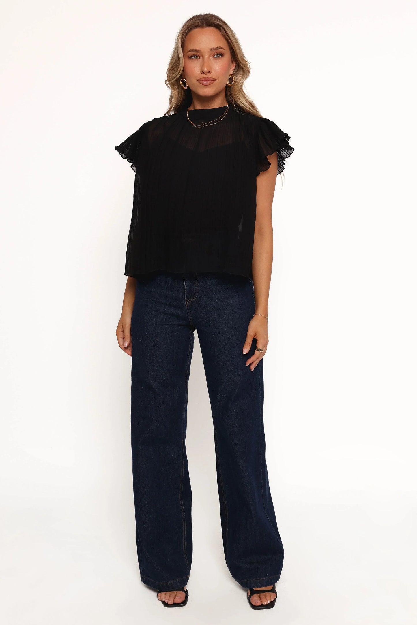 Topia Pleated Flutter Sleeve Top Black