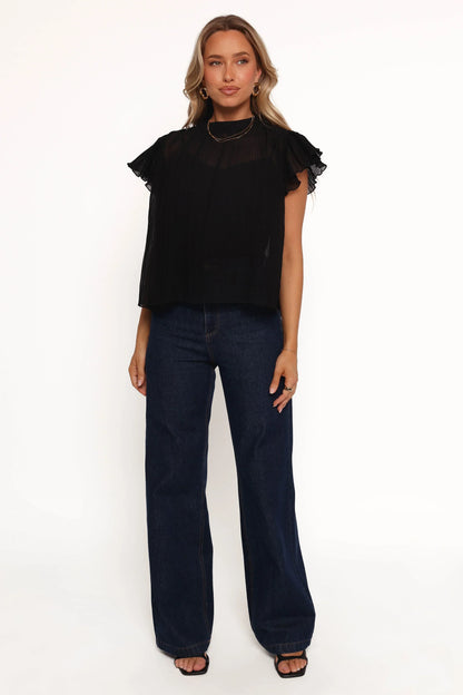Topia Pleated Flutter Sleeve Top Black