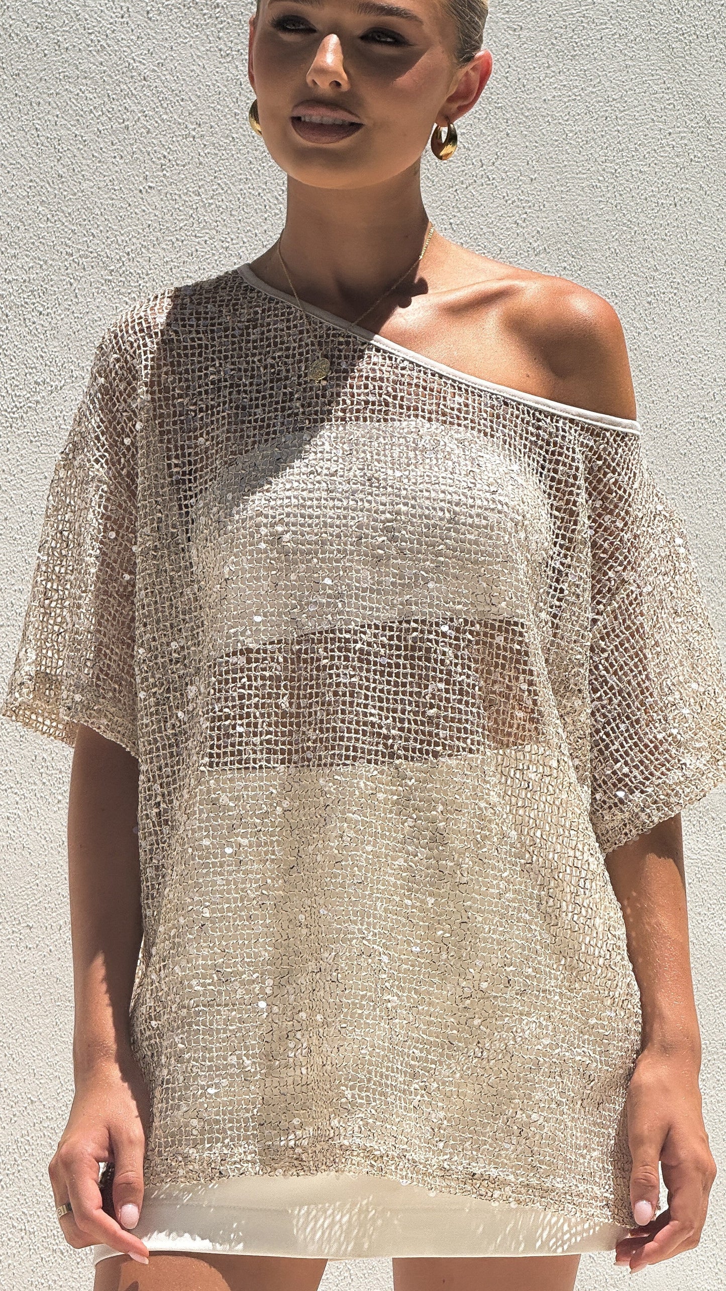 Zinnie Sequins Off Shoulder Top Beige