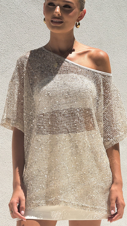 Zinnie Sequins Off Shoulder Top Beige