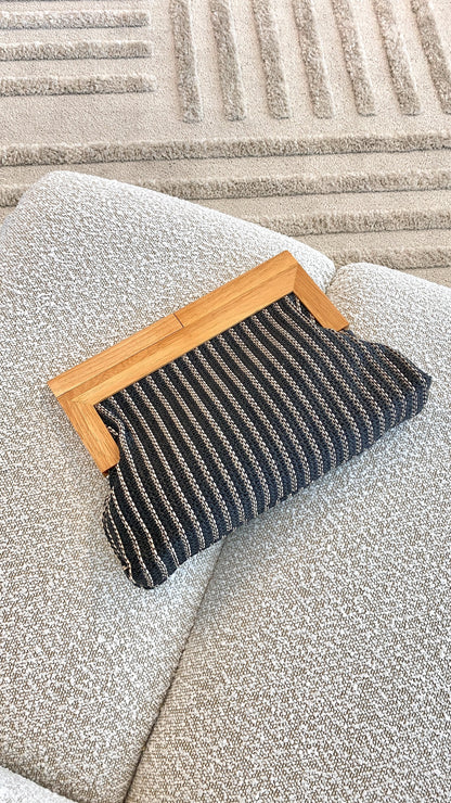 Zoey Thin Stripe Timber Frame Clutch Black