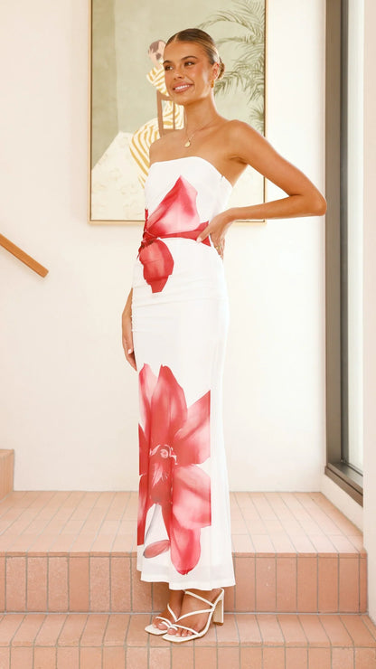 Brittani Strapless Maxi Dress White Red