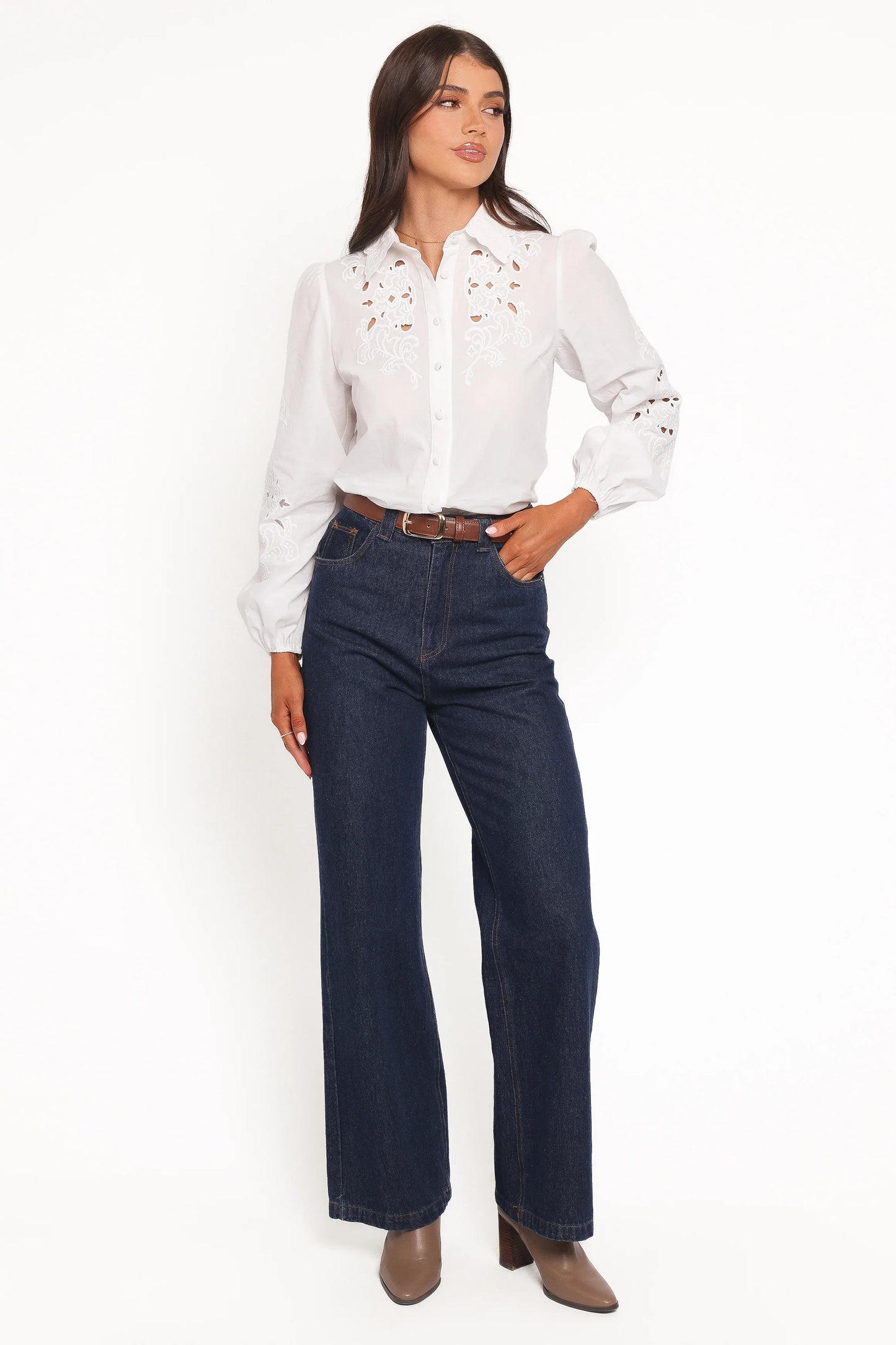 Aeloria Button Front Shirt White Embroidery