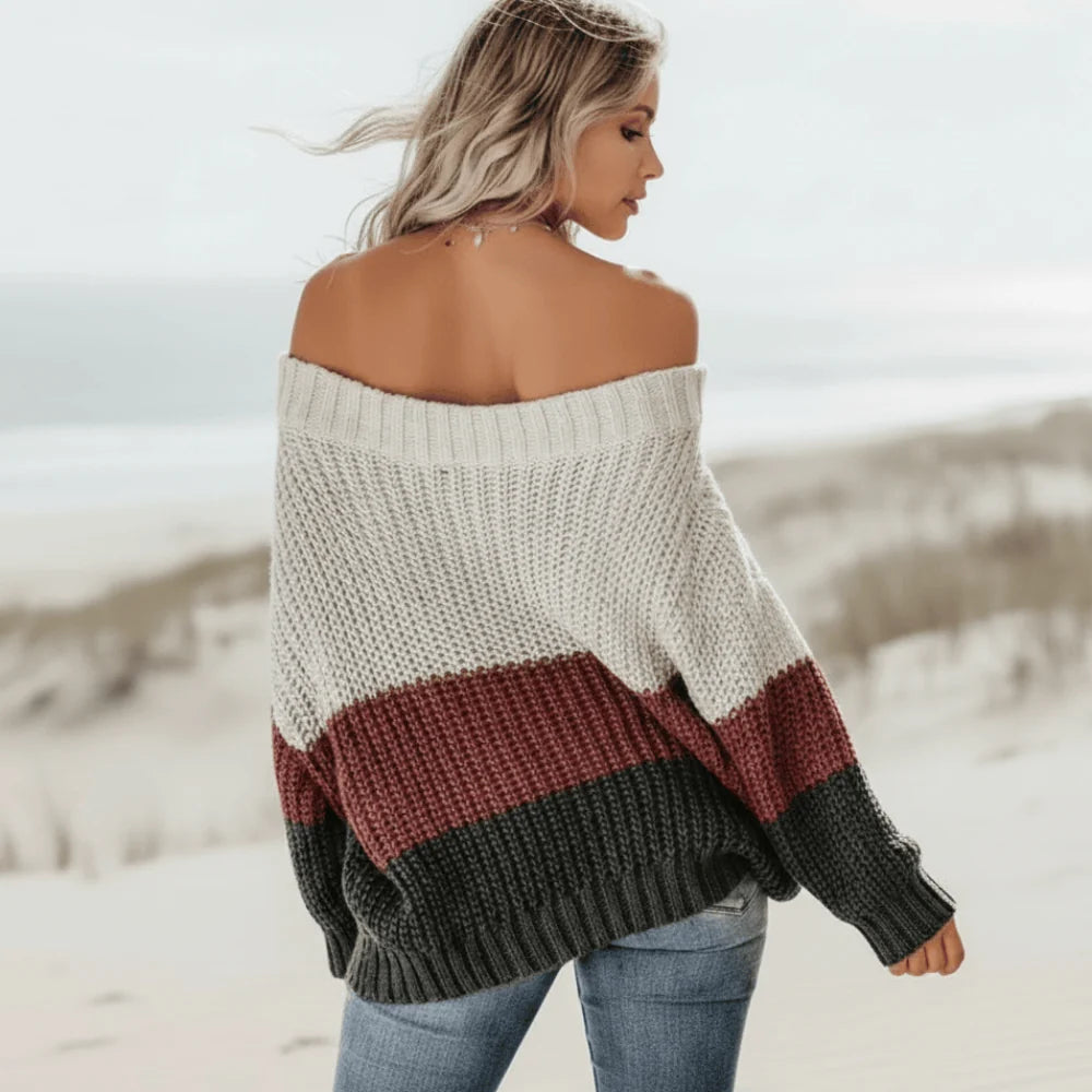 Striped Off Shoulder Boho Knit Sweater