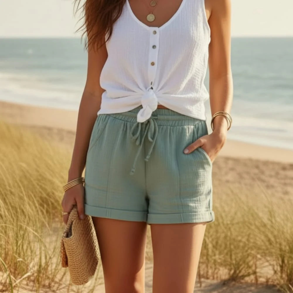 Boho Mid Rise Cotton Drawstring Shorts with Pockets