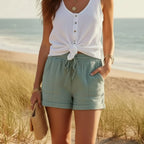 Boho Mid Rise Cotton Drawstring Shorts with Pockets