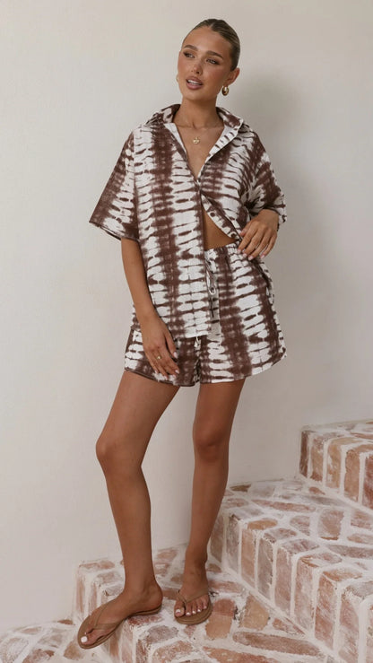 Ravenna Button Up Shirt and Shorts Set Chocolate Tie Dye