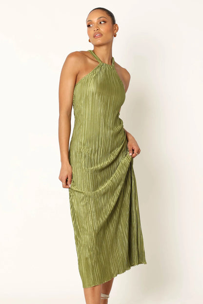 Melody Plisse Halter Maxi Dress Olive