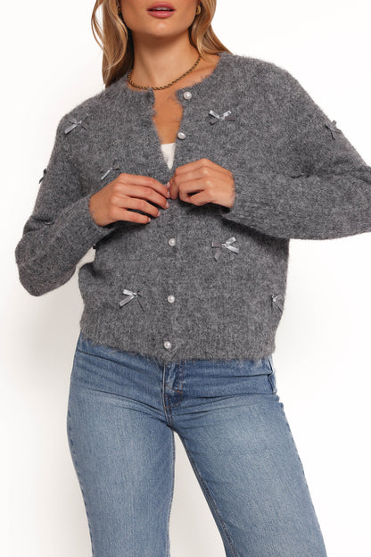 Mellie All Over Bow Button Front Cardigan Grey