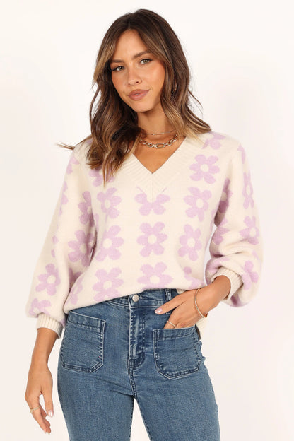 Remi Vneck Flower Knit Sweater Lilac