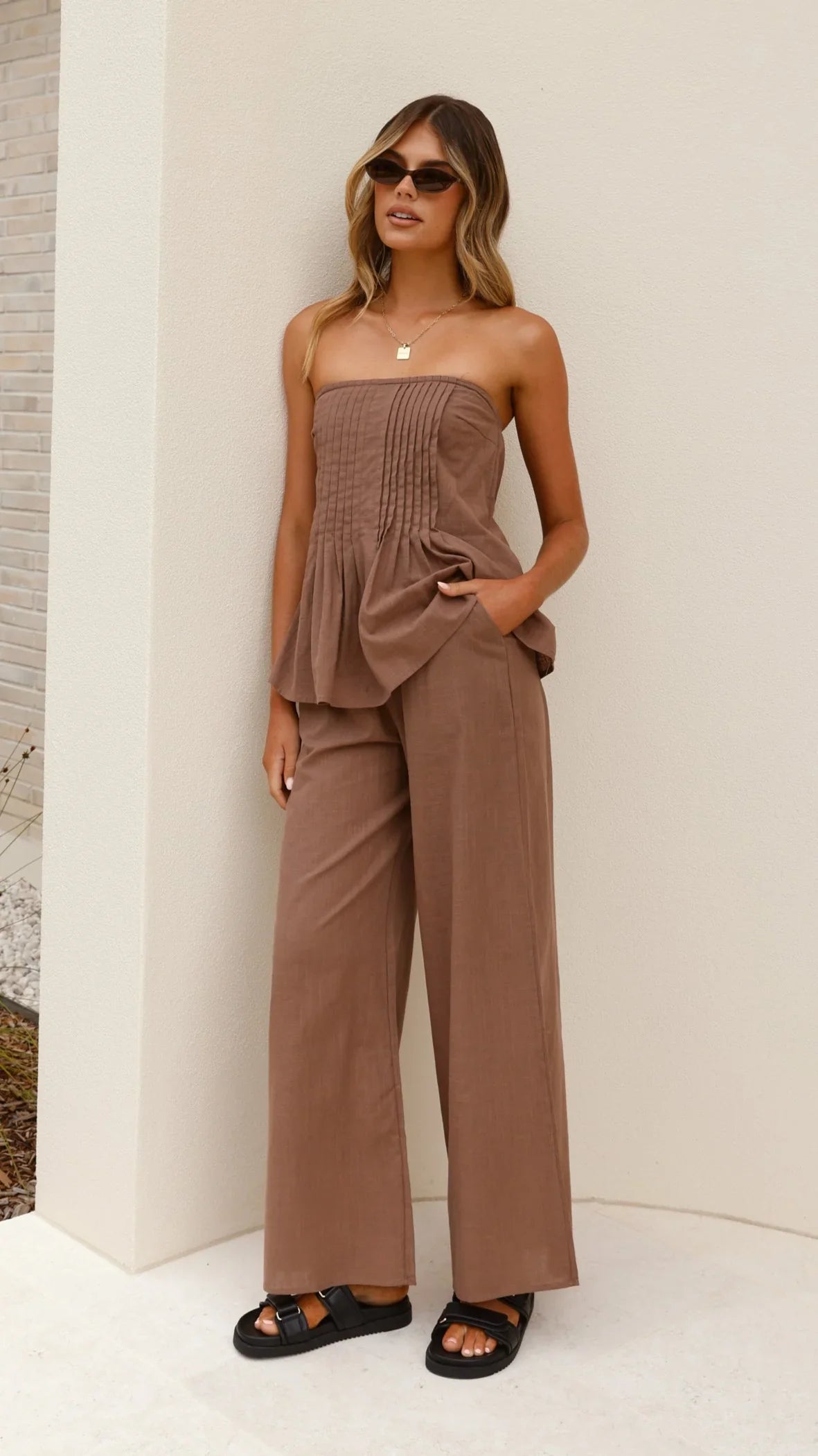 Sharni Strapless Pleat Top and Pants Set Chocolate