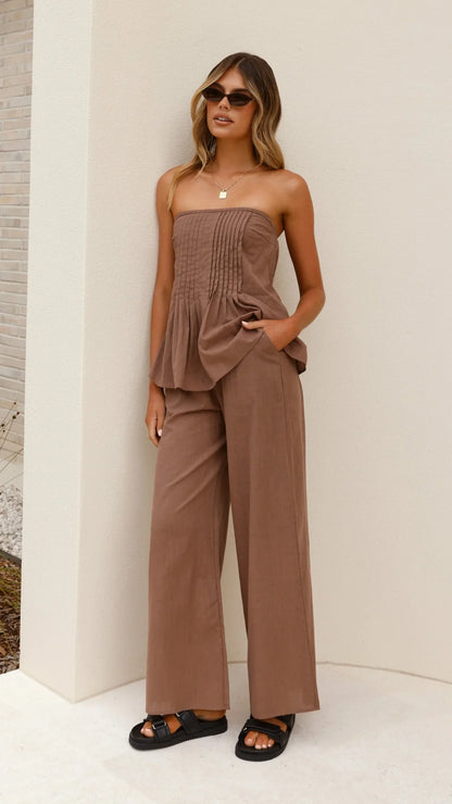 Sharni Strapless Pleat Top and Pants Set Chocolate