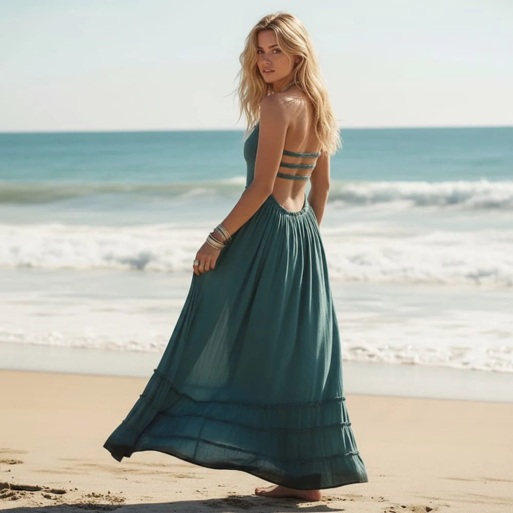 Boho Open Back Halter Maxi Dress