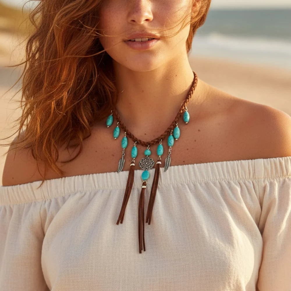 Boho Turquoise Tassel Feather Pendant Choker Necklace