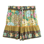 Green Boho Floral High Waist Drawstring Shorts with Pockets