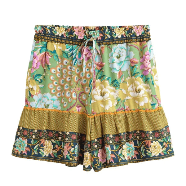 Green Boho Floral High Waist Drawstring Shorts with Pockets