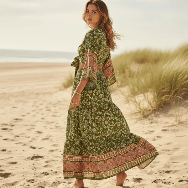 Green Floral Kimono Crop Top Maxi Skirt Set