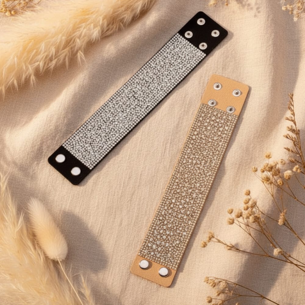 Leather Rhinestone Wide Band Bracelet