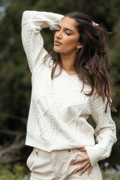 Robbie Collar Neck Cable Knit Sweater Cream