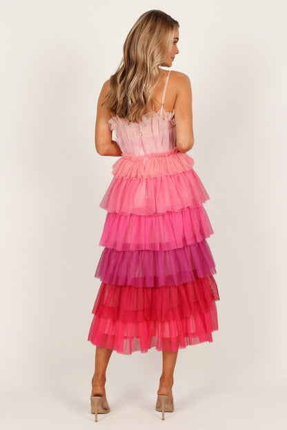 Minnie Tiered Tulle Midi Dress Pink