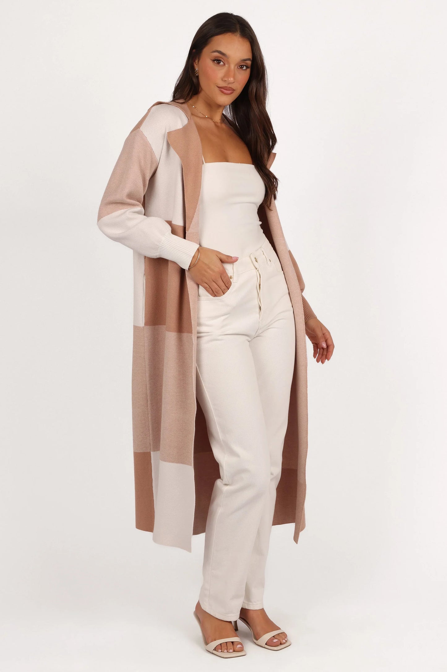 Kingston Large Check Long Cardigan Beige Check