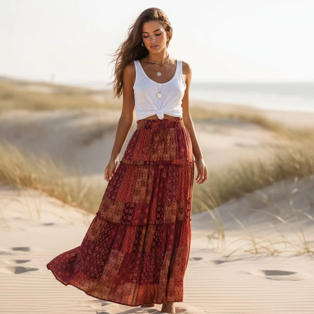 Floral Print Bohemian Maxi Skirt