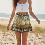 Green Boho Floral High Waist Drawstring Shorts with Pockets