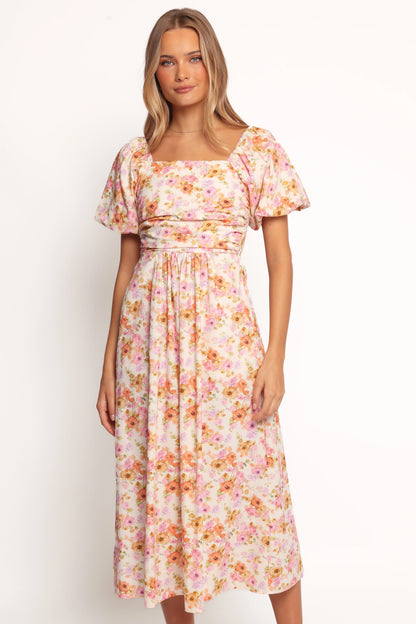 Clo Puff Sleeve Midi Dress Peach Floral