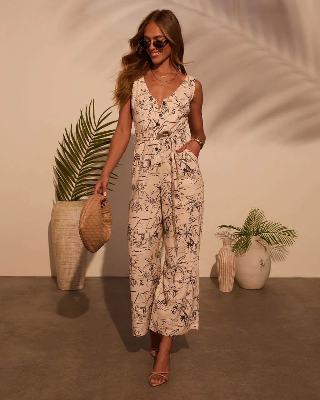 Palm Party Printed Waist Tie Jumpsuit