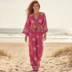 Fuchsia Boho Kimono Wide Leg Pants Set