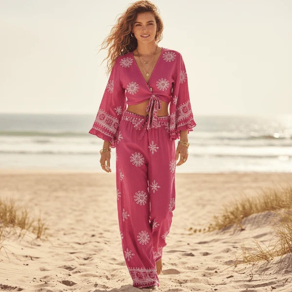 Fuchsia Boho Kimono Wide Leg Pants Set
