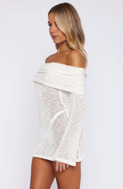 Cant Leave Me Long Sleeve Boucle Mini Dress White