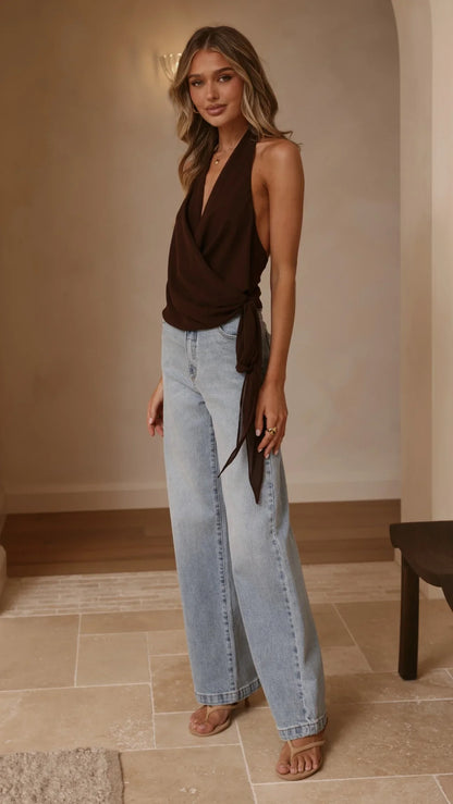 Belle Halter Neck Top Brown