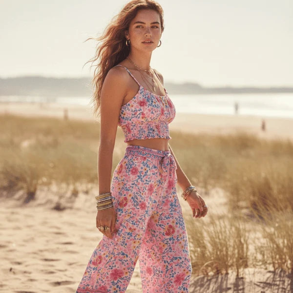 Pink Floral Boho Wide Leg Pants Set
