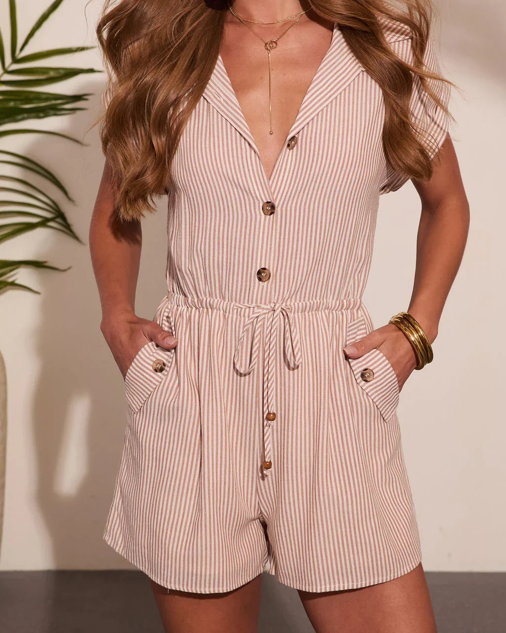 Poolside Lagoon Striped Drawstring Waist Tie Romper