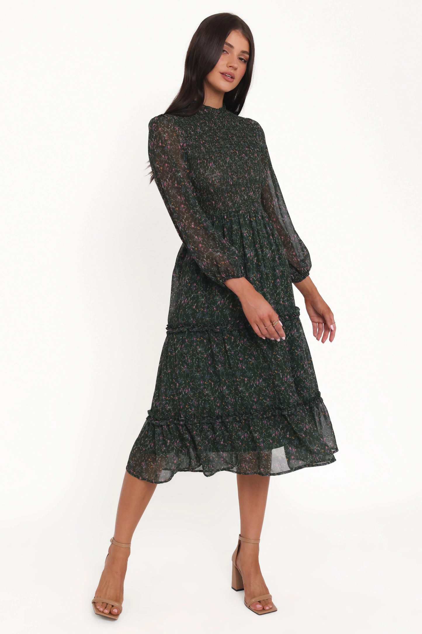 Edwina Shirred Frill Long Sleeve Midi Dress Olive Floral
